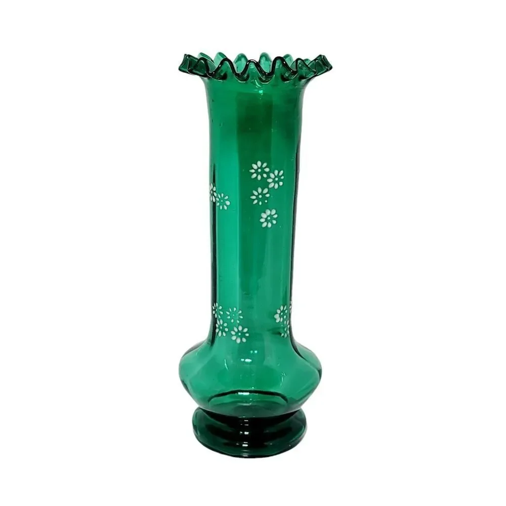 Moser Bohemian Czech Hand Blown Glass Hand Painted Green Enamel Ruffled Vase 10”